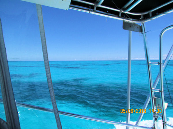 view from the bridge as we cross the reef coming in from fishing in Key West on charter boat Southbound